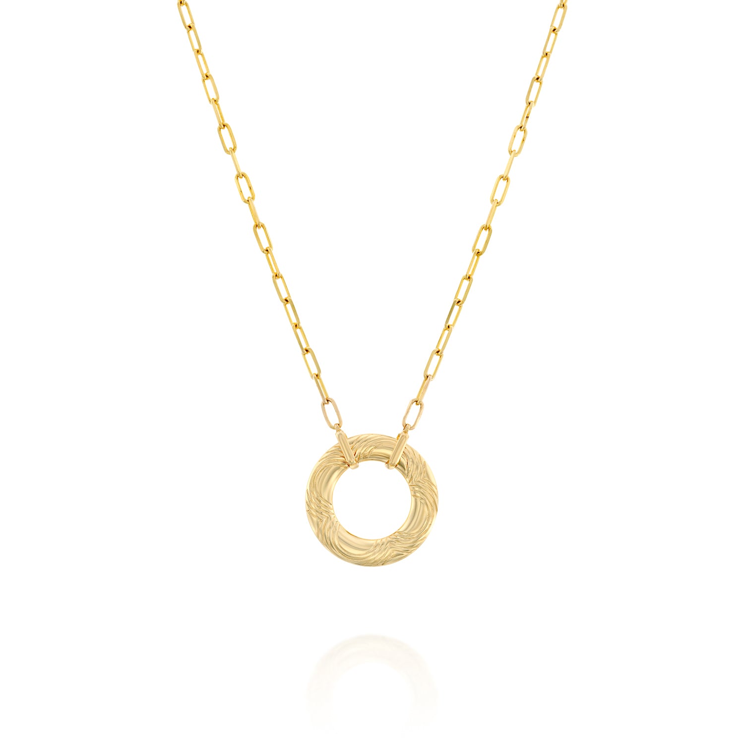 A solid 14k gold necklace featuring a paperclip link chain and a circular pendant with intricate engraved details. The polished gold chain measures 50mm in length, adding a modern yet timeless elegance to the design.