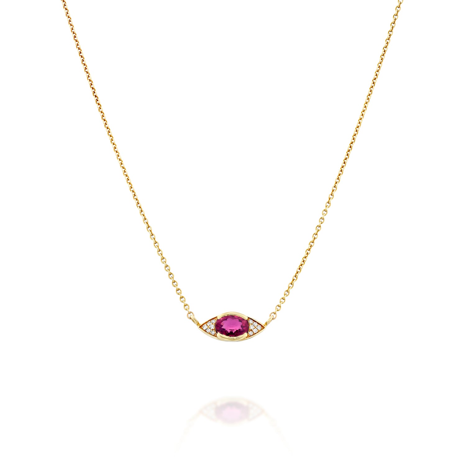 A solid 14k gold necklace featuring a 1.7-carat oval-cut pink tourmaline set in an eye-shaped pendant. The design is accented with 1mm round lab-grown white diamonds with VS clarity and E-G color, totaling 0.06 carats, on a 41mm rolo chain. The vibrant pink tourmaline adds a unique, elegant touch to the piece.