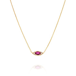 A solid 14k gold necklace featuring a 1.7-carat oval-cut pink tourmaline set in an eye-shaped pendant. The design is accented with 1mm round lab-grown white diamonds with VS clarity and E-G color, totaling 0.06 carats, on a 41mm rolo chain. The vibrant pink tourmaline adds a unique, elegant touch to the piece.