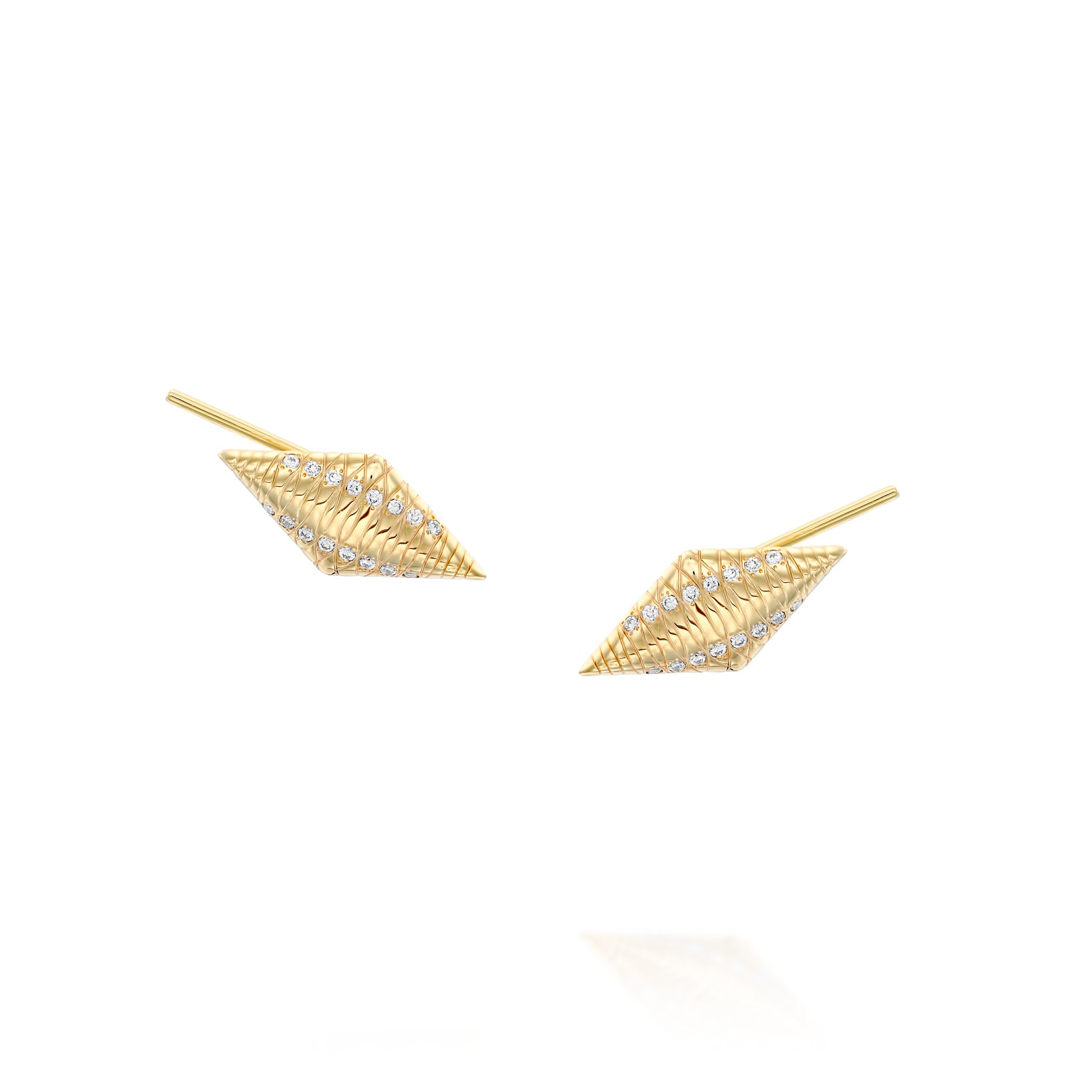 Intricate single earring crafted in solid 14k gold, featuring a textured, conical, seashell design featuring delicate engravings and adorned with sparkling 0.8mm round lab-grown white diamonds (VS clarity, color F-H) totaling 0.04ct. A modern statement piece with precision and elegance, sold individually for versatile styling. 