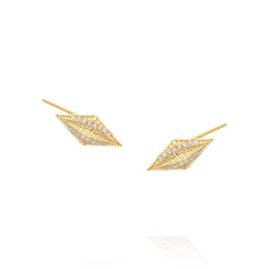 Intricate single earring crafted in solid 14k gold, featuring a textured, conical, seashell design featuring delicate engravings and adorned with sparkling 0.8mm round lab-grown white diamonds (VS clarity, color F-H) totaling 0.04ct. A modern statement piece with precision and elegance, sold individually for versatile styling. 