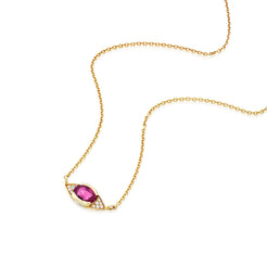 A solid 14k gold necklace featuring a 1.7-carat oval-cut pink tourmaline set in an eye-shaped pendant. The design is accented with 1mm round lab-grown white diamonds with VS clarity and E-G color, totaling 0.06 carats, on a 41mm rolo chain. The vibrant pink tourmaline adds a unique, elegant touch to the piece.