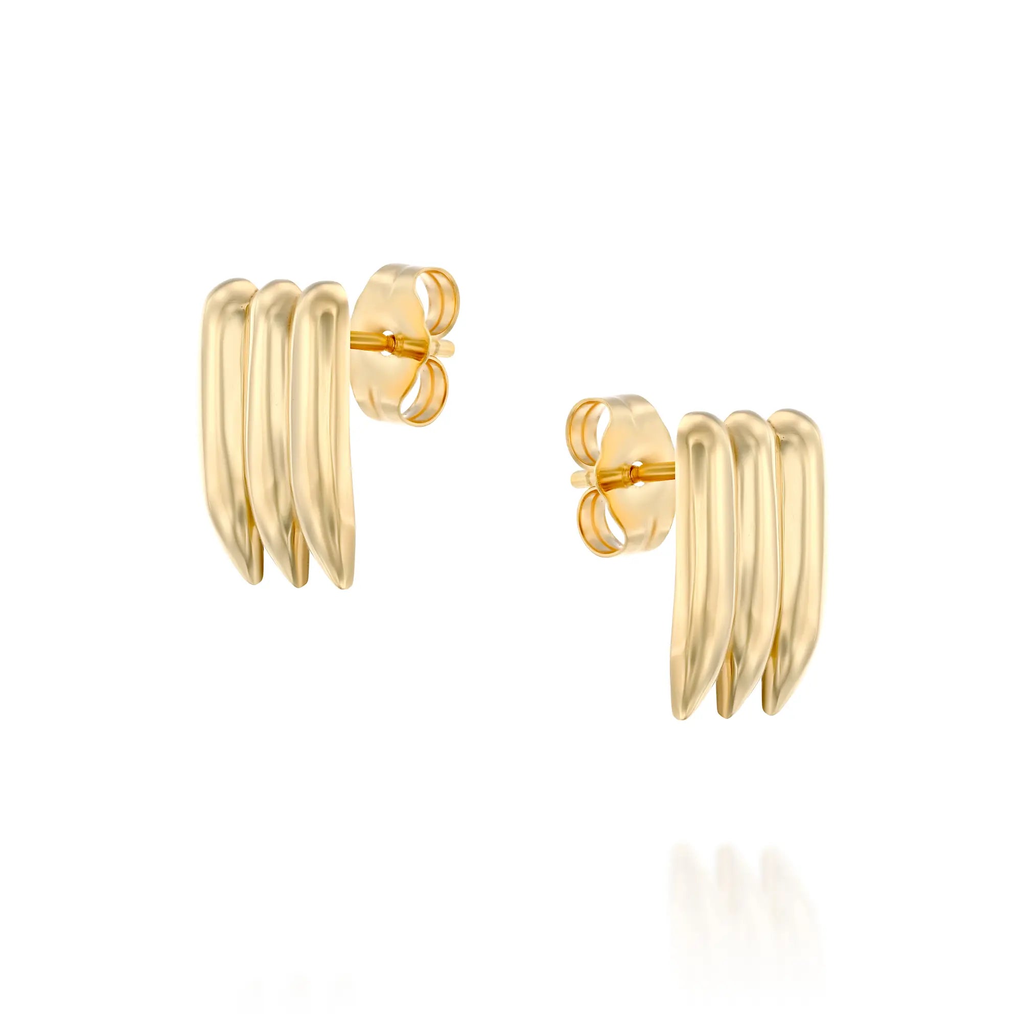 A pair of polished solid gold earrings designed with a bold, bullet-inspired shape. Each earring features three elongated forms with pointed ends, creating a modern and edgy aesthetic. The reflective surface highlights the earrings' sleek and striking design.