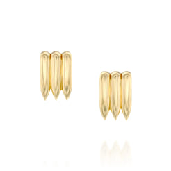 A pair of polished solid gold earrings designed with a bold, bullet-inspired shape. Each earring features three elongated forms with pointed ends, creating a modern and edgy aesthetic. The reflective surface highlights the earrings' sleek and striking design