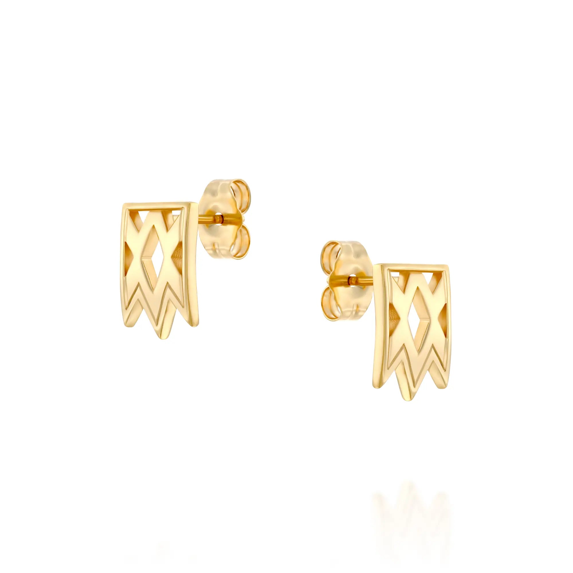 A pair of solid 14k gold stud earrings featuring a geometric, banner-inspired design with angular cutouts and a polished finish. The bold and modern earrings exude an architectural elegance.