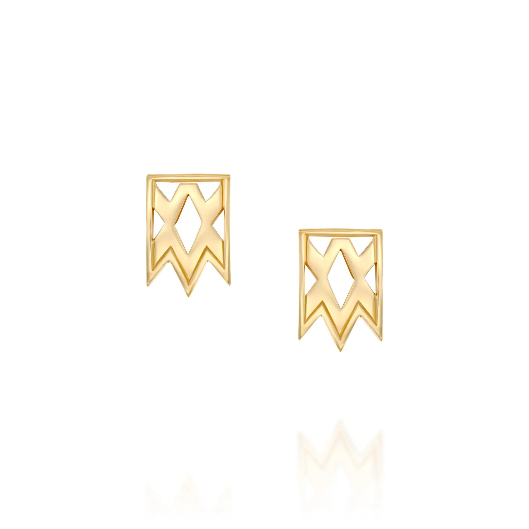 A pair of solid 14k gold stud earrings featuring a geometric, banner-inspired design with angular cutouts and a polished finish. The bold and modern earrings exude an architectural elegance.