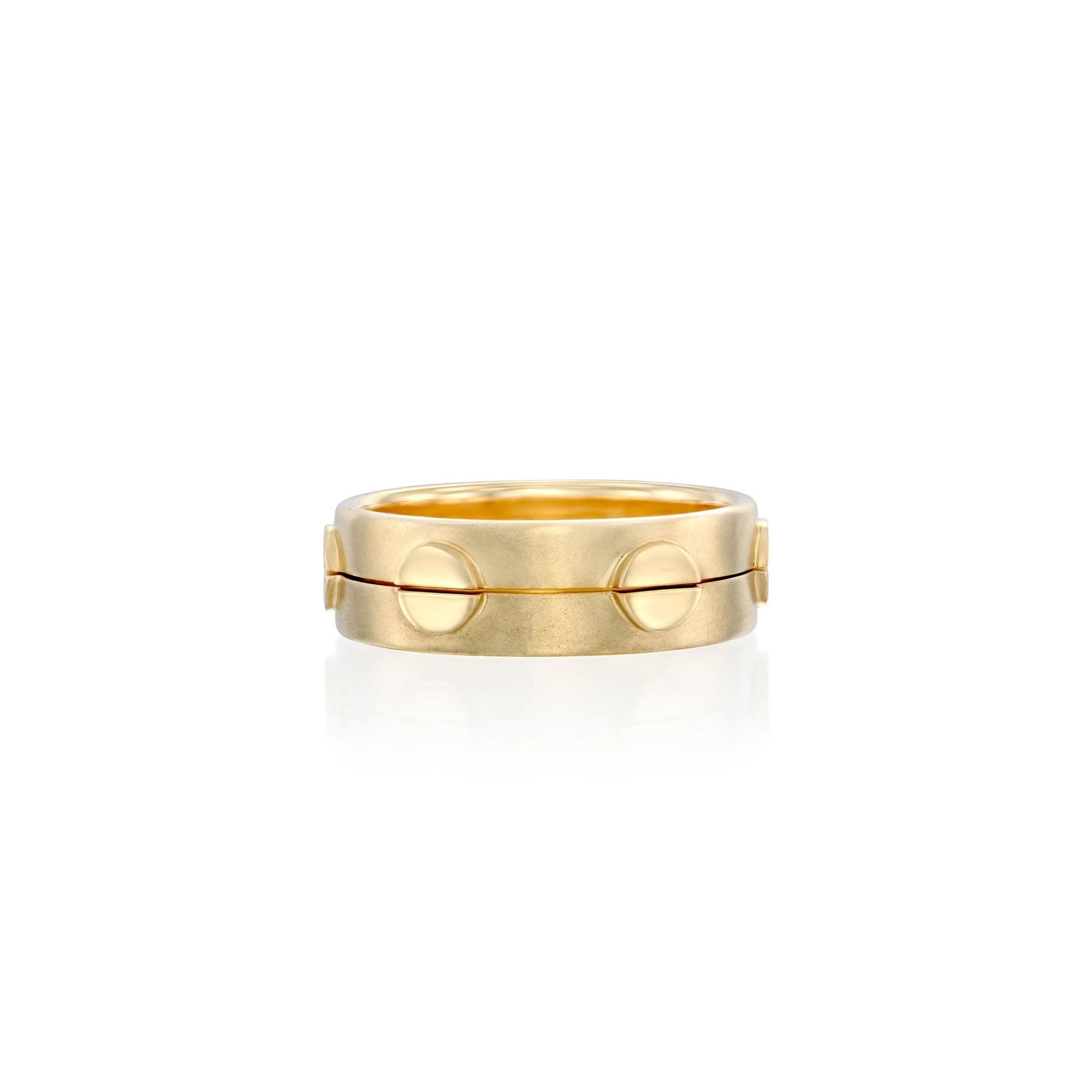 A pair of solid 14k gold Rotation Rings featuring a sleek and minimalist half moon design with subtle recessed circular details. The combined band width is approximately 6mm, showcasing a modern and refined aesthetic. 