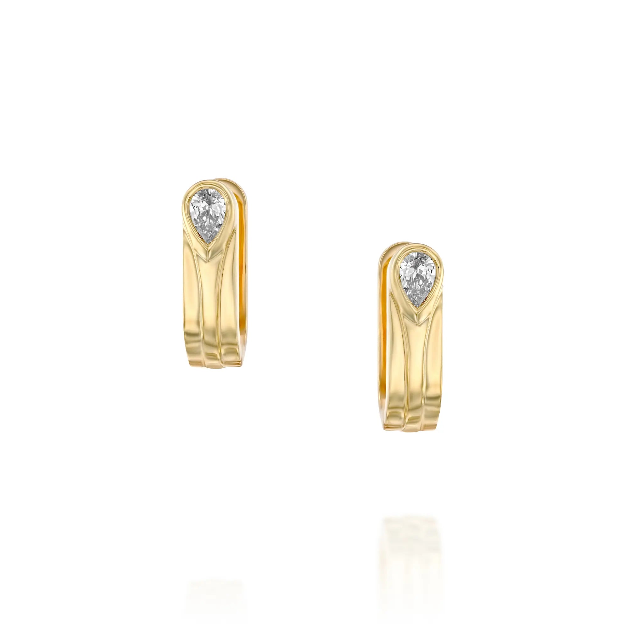 14k gold huggie earrings featuring 0.1ct pear-cut lab-grown white diamonds, designed with clean lines and subtle elegance. Diamonds are VS clarity and F-H color, creating a refined and timeless look. 