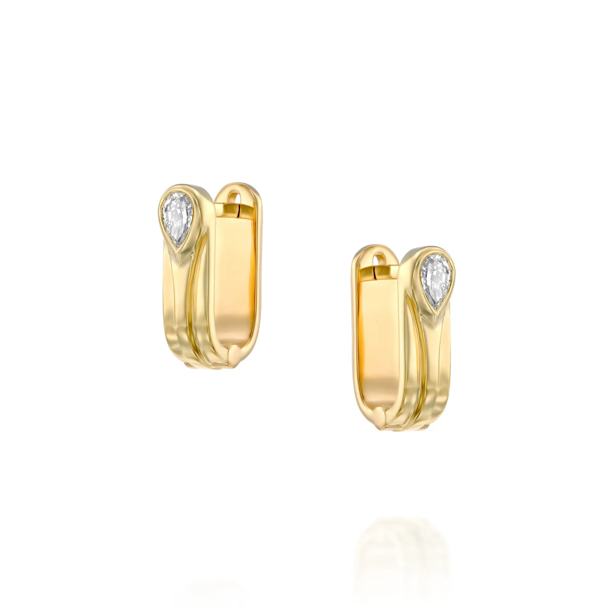 14k gold huggie earrings featuring 0.1ct pear-cut lab-grown white diamonds, designed with clean lines and subtle elegance. Diamonds are VS clarity and F-H color, creating a refined and timeless look. 