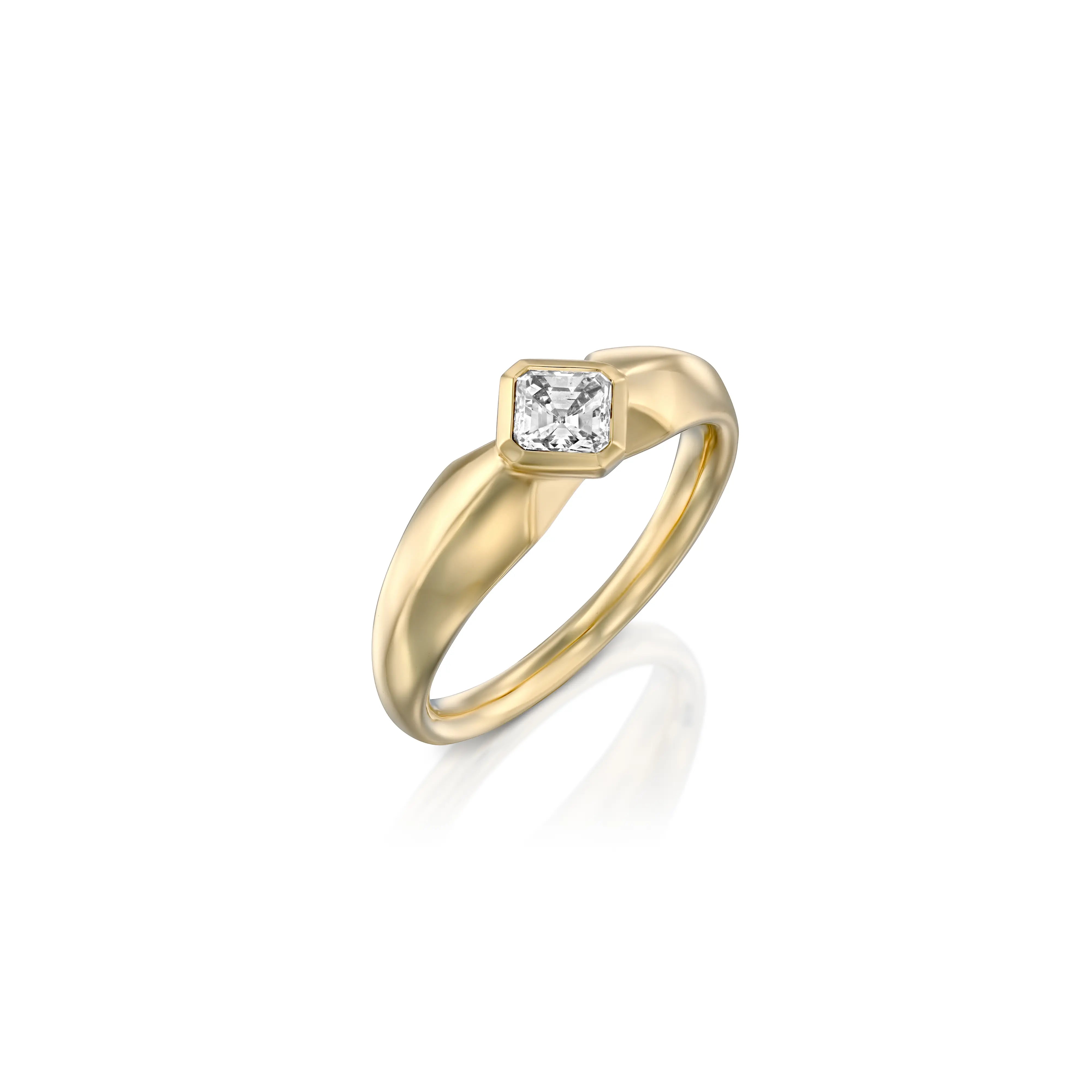 A timeless engagement ring crafted in solid 14k gold, featuring a 0.3ct Asscher-cut natural diamond with exceptional VS clarity and D-F color. The band, tapering from ~2mm to 5.5mm, offers a modern yet classic silhouette, making it a striking symbol of everlasting love.