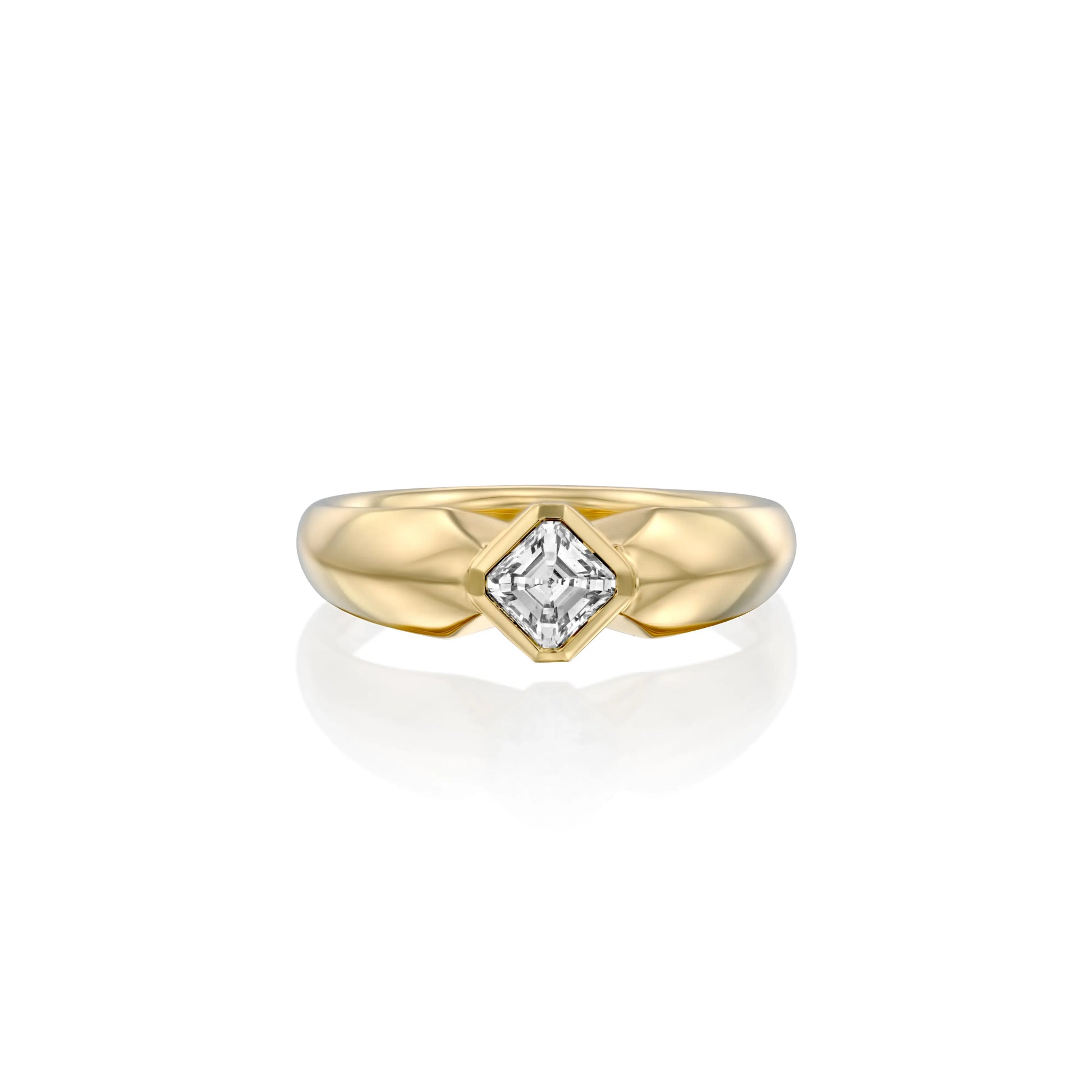 A timeless engagement ring crafted in solid 14k gold, featuring a 0.3ct Asscher-cut natural diamond with exceptional VS clarity and D-F color. The band, tapering from ~2mm to 5.5mm, offers a modern yet classic silhouette, making it a striking symbol of everlasting love.