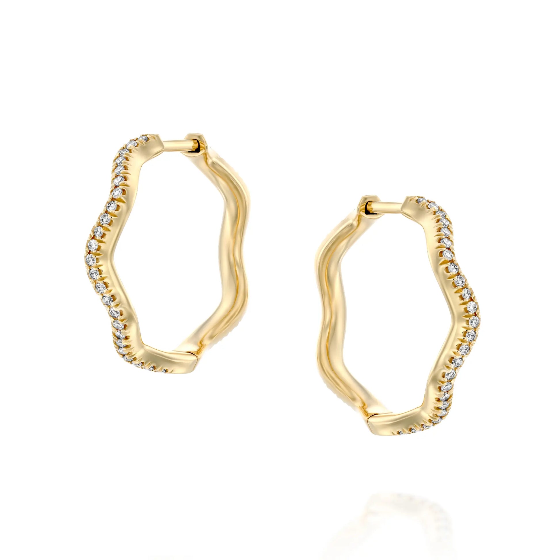 Elegant 14k solid gold hoop earrings with a flowing, wave-inspired design, adorned with sparkling 0.8mm lab-grown white diamonds along the curve. Each earring features a total carat weight of 0.12ct, showcasing VS clarity and F-H color, with a comfortable inner diameter of 15mm. Sold as a pair for timeless sophistication. 