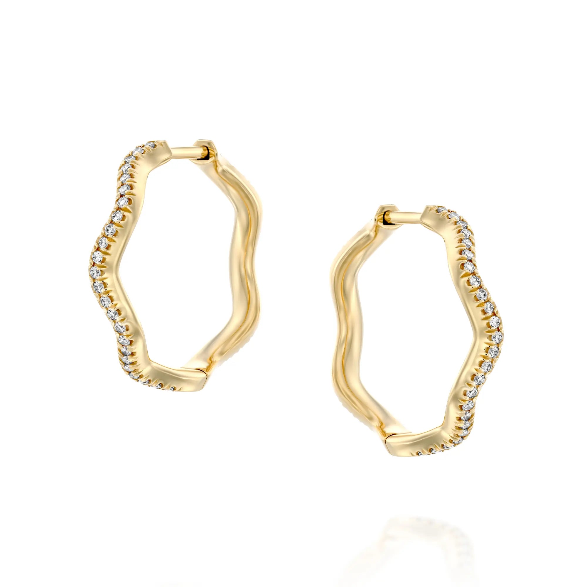 Elegant 14k solid gold hoop earrings with a flowing, wave-inspired design, adorned with sparkling 0.8mm lab-grown white diamonds along the curve. Each earring features a total carat weight of 0.12ct, showcasing VS clarity and F-H color, with a comfortable inner diameter of 15mm. Sold as a pair for timeless sophistication. 