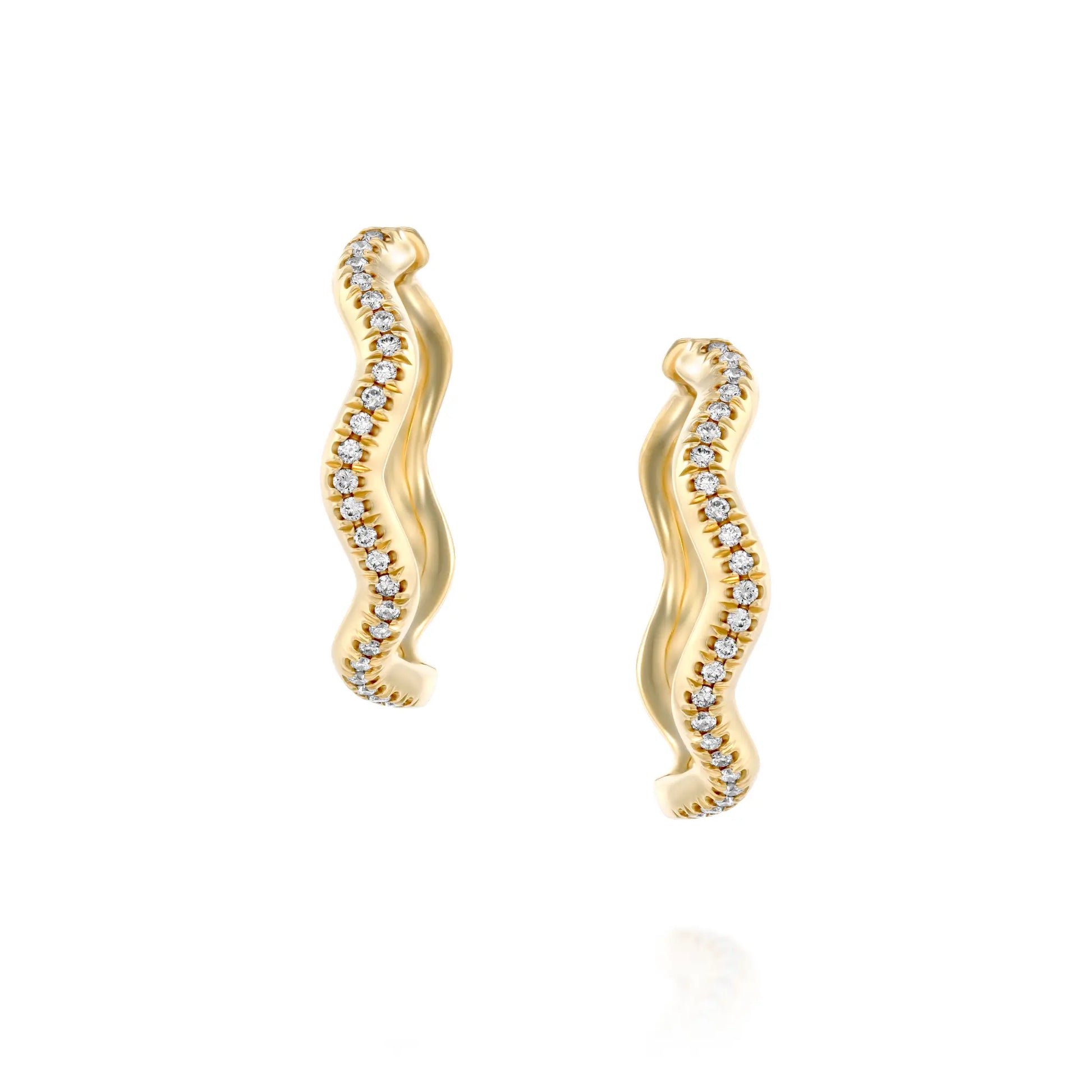 Elegant 14k solid gold hoop earrings with a flowing, wave-inspired design, adorned with sparkling 0.8mm lab-grown white diamonds along the curve. Each earring features a total carat weight of 0.12ct, showcasing VS clarity and F-H color, with a comfortable inner diameter of 15mm. Sold as a pair for timeless sophistication. 