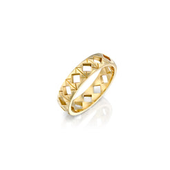 Solid 14k gold ring with a distinctive geometric pattern of engravings and recessed diamond-shaped tile cut-outs. Band width: 5mm. A bold yet refined design for any occasion. 